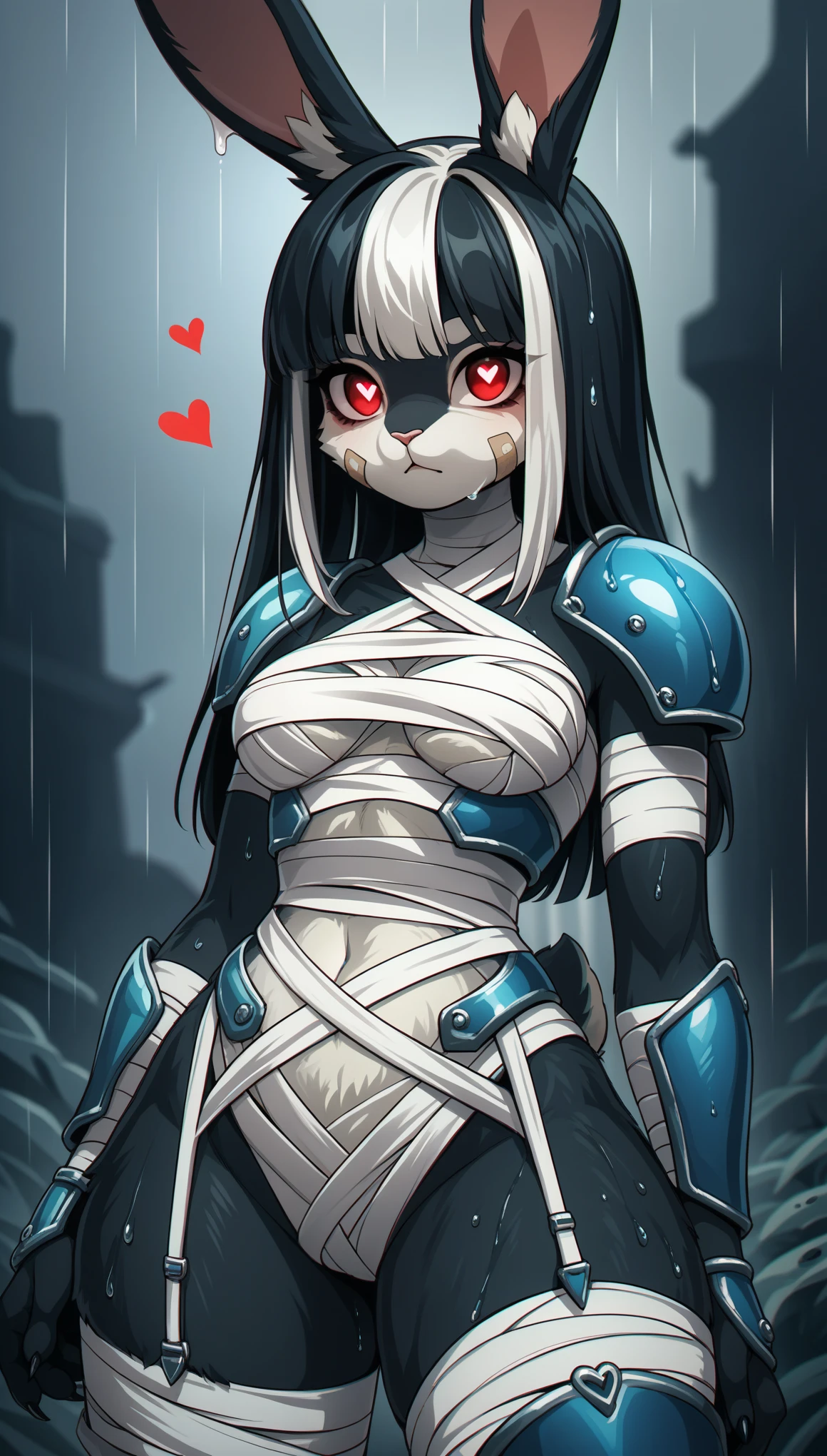 score_9, score_8_up, score_7_up, score_6_up, score_5_up, score_4_up, BREAK source_anime, source_anthro, [rating_safe], rating_explicit,

1girl, furry female, bunny, bunny ears, solo, rain weather, wet surface, damaged body, liquids, detailed face, white hair, black hair fringe, red eyes, (hearts pupils), (face bandage:1.3), [body:cyber armor:0.1], thicc thighs, garter straps, visually stunning, chromatic aberration
