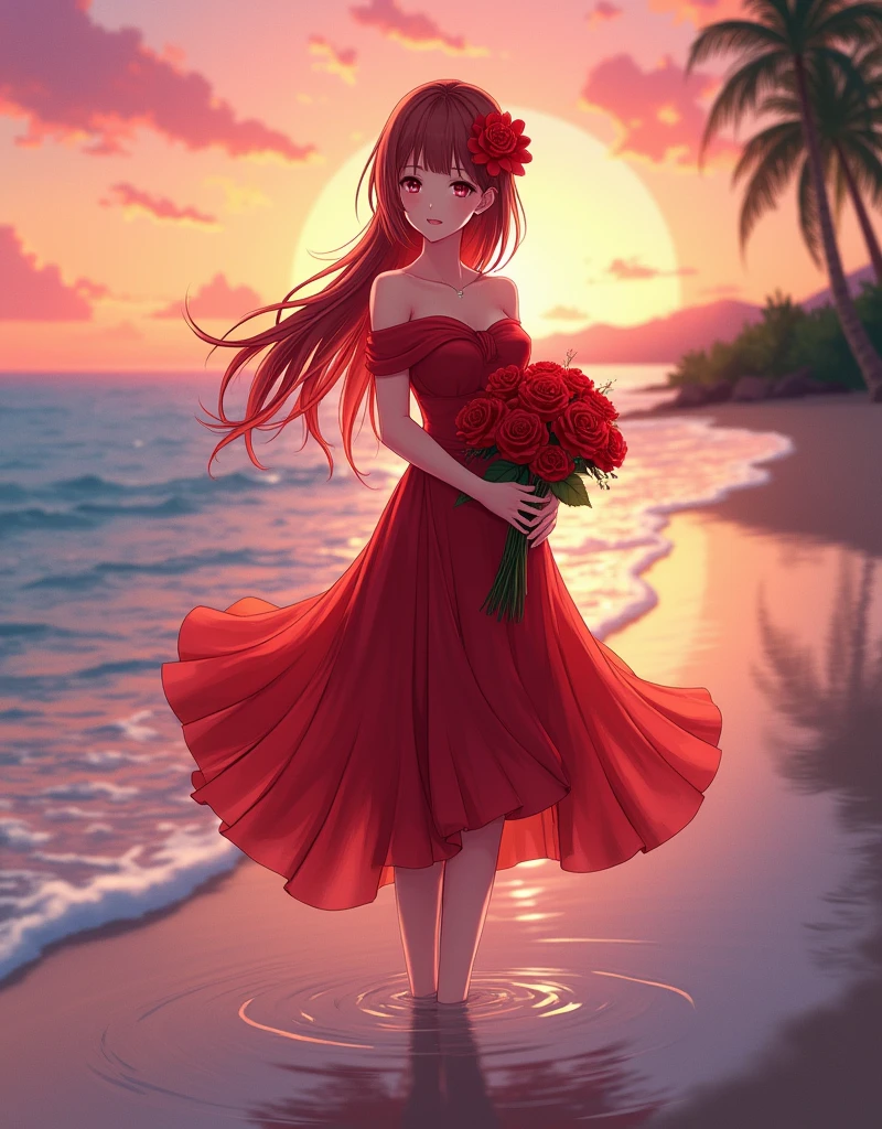 Create a anime style landscape image. Digital illustration featuring a young woman with long, flowing red hair adorned with a red flower. She is wearing an elegant, off-shoulder, layered red dress that cascades down to her feet. The woman is standing in shallow water at the beach during sunset, holding a bouquet of red roses. The sky is painted with warm hues of orange, pink, and purple, reflecting beautifully on the calm ocean waves. In the background, there are silhouettes of palm trees and distant landforms. The overall scene exudes a serene and romantic atmosphere.