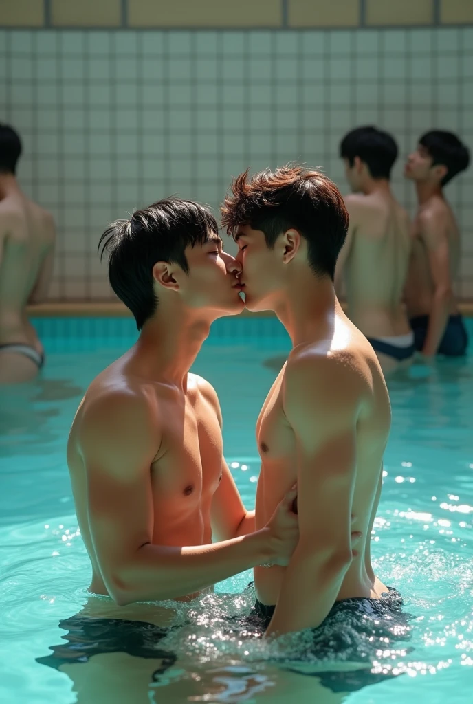 Photo Quality、A lot of cute handsome men、Mash Hair、Japanese male, 、Completely naked、Full nudity、erection、Huge penis、Highest quality、Realistic、beautiful、Playing in the school pool、Completely naked