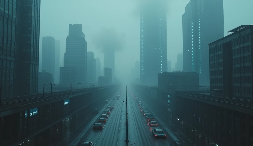 wide shot camera, dutch angle, far far aways shot, top down camera. Gray city, deserted streets, skyscrapers with sparkling blue LED lights. Lighting: Gray tones with dim neon lights. Effects: Smoke and blue light running along the buildings. Special: Stifling and quiet atmosphere, city not activated.