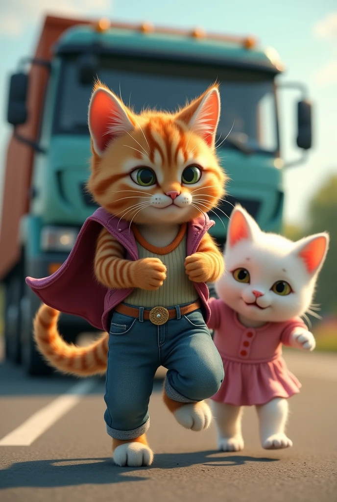 A small brown boy cat in blue jeans wanted to save a small white girl cat in pink frock from the big truck on the road he suddenly picked up the girl cat ai image