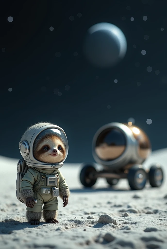  sloth with space suit next to space rover on moon