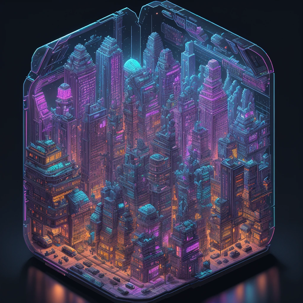 Iso-Pixel, trees, flying car, train, clouds, sci-fi city, cyberfunk city, cyberfunk style, colorful lighting, vehicles, inside glass box