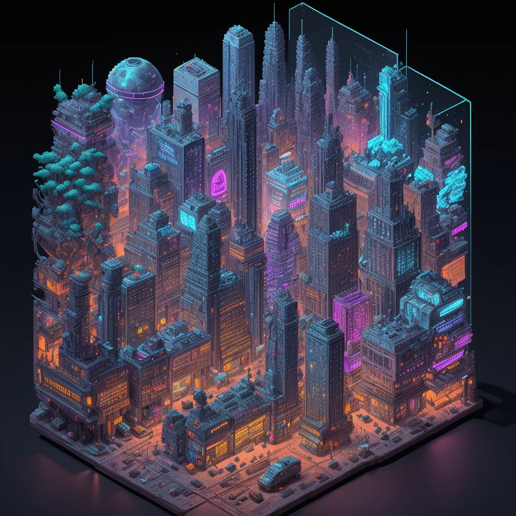 Iso-Pixel, trees, flying car, train, clouds, sci-fi city, cyberfunk city, cyberfunk style, colorful lighting, vehicles, inside glass box