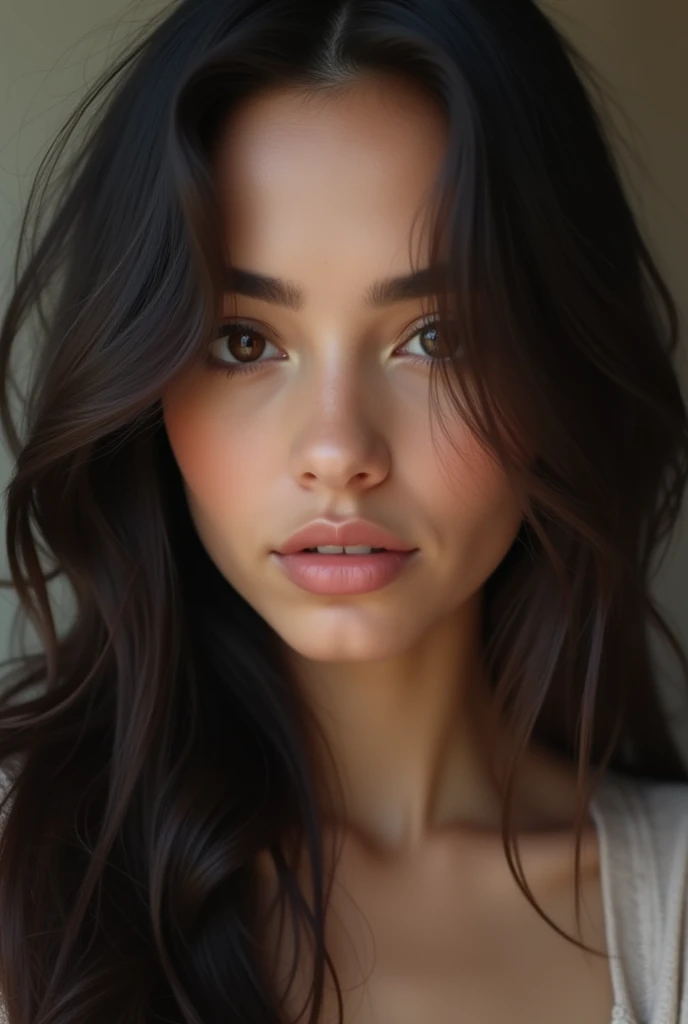 jeune femme de 18 ans Hispanic , fille sexy aux yeux marrons, cheveux bruns et grands yeux, selfie d'une jeune femme, yeux de la chambre, violet myers, sans maquillage, maquillage naturel, tourne-toi et regarde la caméra, visage avec artgram, maquillage subtil, superbe photo de tout le corps