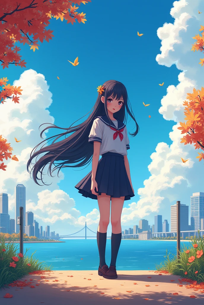 masterpiece,((Clear lines)),  Limited edition palette,Highest quality, Flat Color, Low contrast, ((One person)),(((Very delicate and beautiful))),(Beautifully detailed face),(Beautiful attention to detail),{Long Hair},hair ornaments,((Middle chest)),Long black hair,Hair Ribbon,school uniform , Are standing,((View your viewers:1.6)), View from below,Beautifully detailed skies,Bright sky,Cloudy,sunlight, (Detailed Light),Lighting,colorful,Ocean,Beach, bridge,The way to school,Skyscraper, autumn, mist