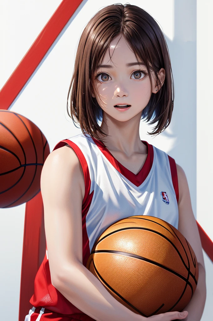(((Frame In、Pure white wall background、Highest quality、8k、32K、masterpiece)))、(Realistic)、(Realistic:1.2)、(High resolution)、Very detailed、Very beautiful face and eyes、1 person、Round and small face、Tight waist、Delicate body、(close、Highest quality、Attention to detail、Rich skin detail)、(Highest quality、8k、Oil paints:1.2)、Very detailed、(Realistic、Realistic:1.37)、Bright colors、(((Brown Hair)))、(((Brown Hair)))、(((Cowboy Shot)))、(((Bob Hair)))、(((Pure white wall background)))、(((Wearing a basketball uniform)))、(((red basketball outfit)))、(((Surprised face)))、(((1 female)))、(((Tank top style uniform)))、