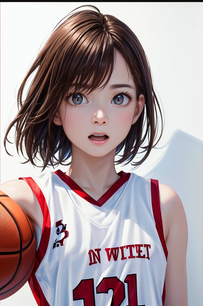 (((Frame In、Pure white wall background、Highest quality、8k、32K、masterpiece)))、(Realistic)、(Realistic:1.2)、(High resolution)、Very detailed、Very beautiful face and eyes、1 person、Round and small face、Tight waist、Delicate body、(close、Highest quality、Attention to detail、Rich skin detail)、(Highest quality、8k、Oil paints:1.2)、Very detailed、(Realistic、Realistic:1.37)、Bright colors、(((Brown Hair)))、(((Brown Hair)))、(((Cowboy Shot)))、(((Bob Hair)))、(((Pure white wall background)))、(((Wearing a basketball uniform)))、(((red basketball outfit)))、(((Surprised face)))、(((1 female)))、(((Tank top style uniform)))、