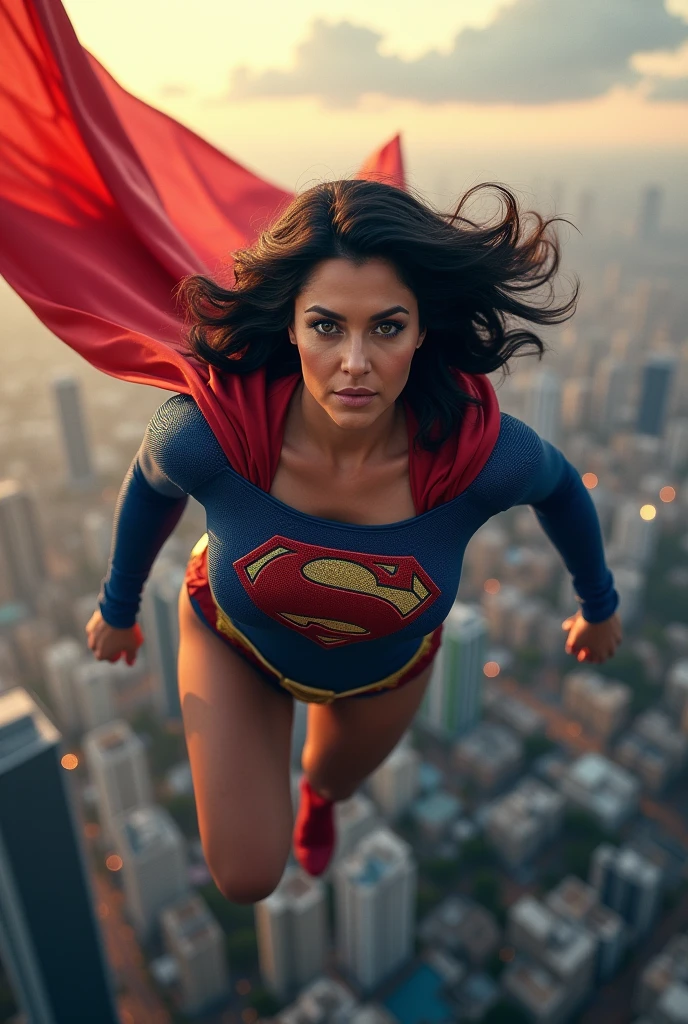 a supergirl with dark hair and large breasts in her 50s, flying over the city of Niteroi, Brazil, highly detailed, dramatic lighting, cinematic composition, vibrant colors, photorealistic, epic scale, dramatic clouds and sky, cityscape in the background