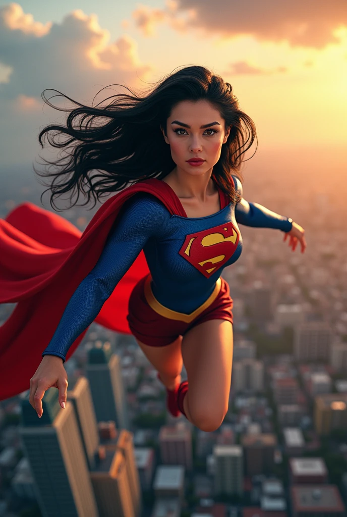a supergirl with dark hair and large breasts in her 50s, flying over the city of Niteroi, Brazil, highly detailed, dramatic lighting, cinematic composition, vibrant colors, photorealistic, epic scale, dramatic clouds and sky, cityscape in the background