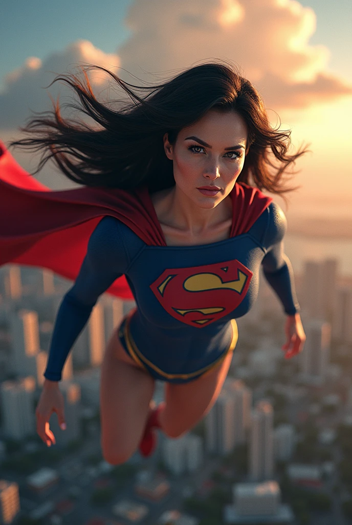 a supergirl with dark hair and large breasts in her 50s, flying over the city of Niteroi, Brazil, highly detailed, dramatic lighting, cinematic composition, vibrant colors, photorealistic, epic scale, dramatic clouds and sky, cityscape in the background