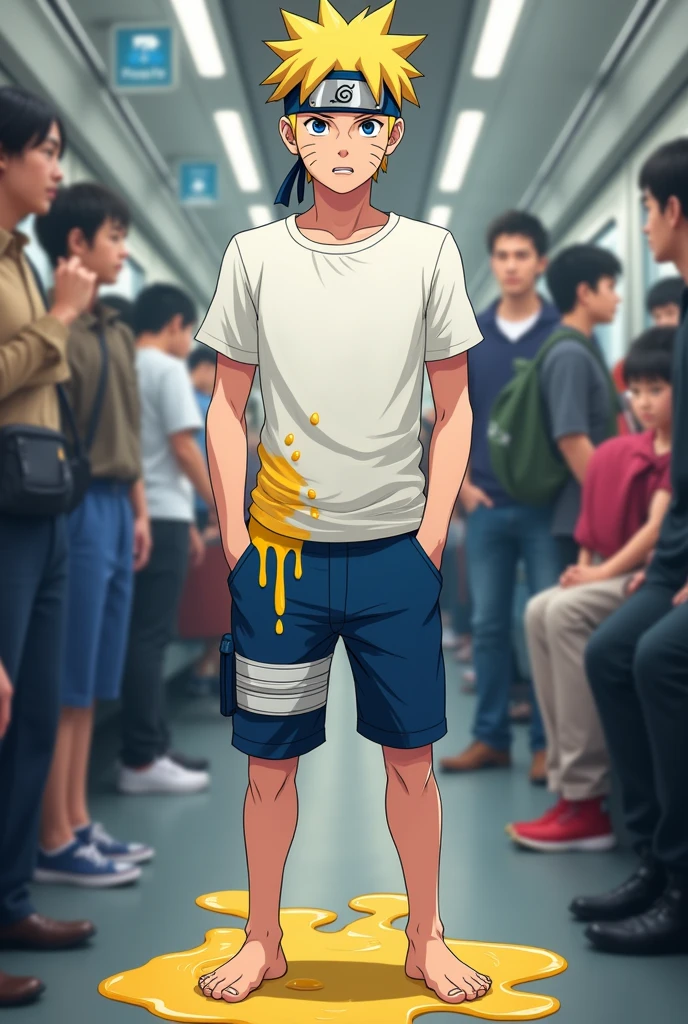 Young slender and mascular Naruto , morning train, , wearing blue short pants, white t shirt, he is peeing his pants, he couldn't hold his pee. There is a large wet spot on his pants, pee stain on his pants. his pee is leaking down from his pants. There is a pee puddle at his feet. He looks embarrassed. He is ashamed of peeing himself.pee in his pants wet pants pens are wet yellow pee *pee more realistic but still in anime style*