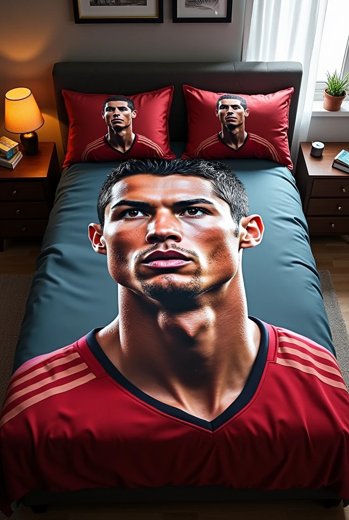 A bed which blanket have ronaldo's face and bed has two pillows