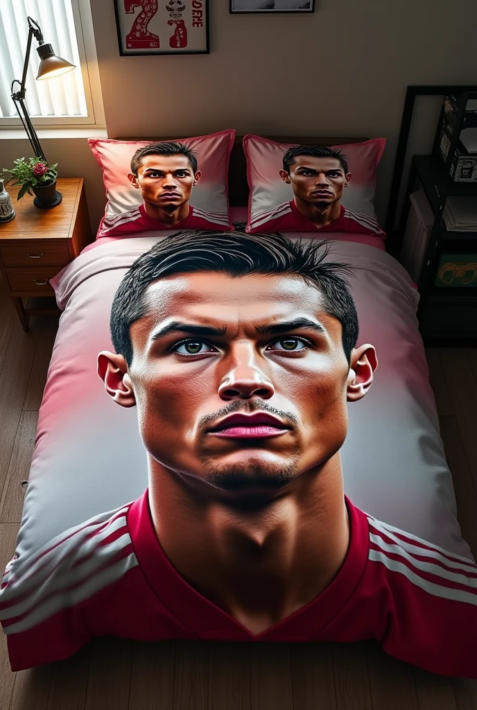 A bed which blanket have ronaldo's face and bed has two pillows