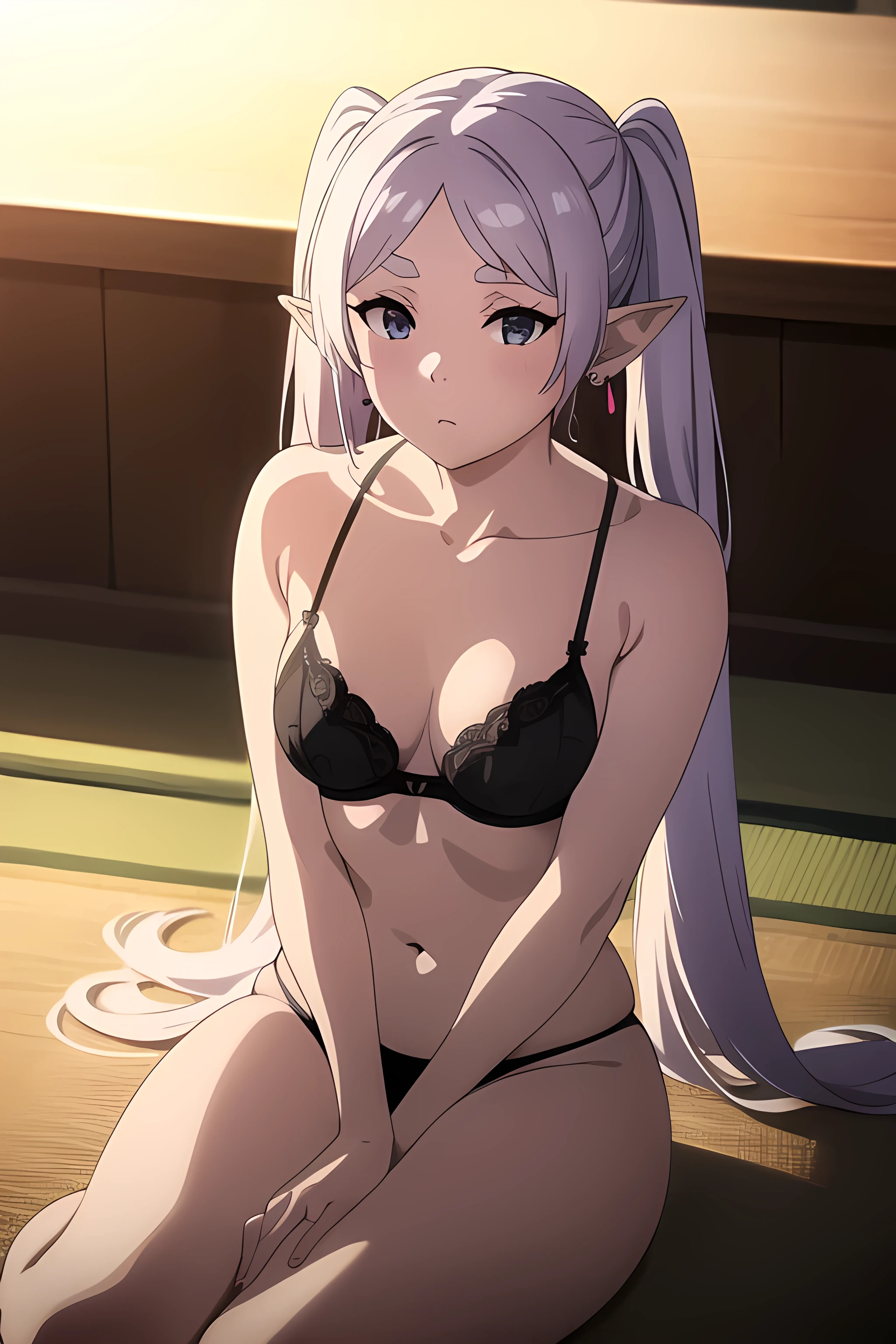 1girl, 1boy, princess carry, masterpiece, best quality, highly detailed, erotic, nsfw, naked body, beautiful body, white bra, white panties, white stockings and suspenders, sexy, high heels, 1girl,solo,elf,white hair,grey hair,earrings,pointy ears,long hair,ponytail,green eyes,twintails,parted bangs,thick eyebrows,