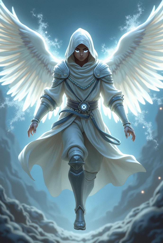 (Guerrero joven with ala angelicales) with (Pair of white eyes ) (with un punto negro en el medio de cada uno) and (A black circle inside the eyes surrounds those black spots ) (These eyes shine, it has a hood) ( alas with estela blanca) (masculine) ( levitating) (celestial armor) (mixed skin color) ( in fighting pose)