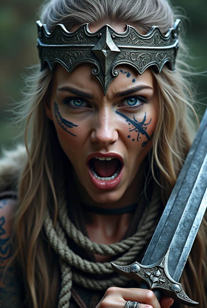 Nordic warrior close-up, beautiful knife in hand, Woman, blue eye, knife next to the face, large crown on head , stick ropes around your neck, tribal tattoo on face, shouting out loud