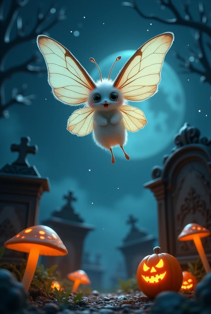 A cute spannisch luna moth with white fluffy boddy and big cute eyes flies into the starlit night sky. Below are gravestones, glowing mushrooms and Halloween pumpkins