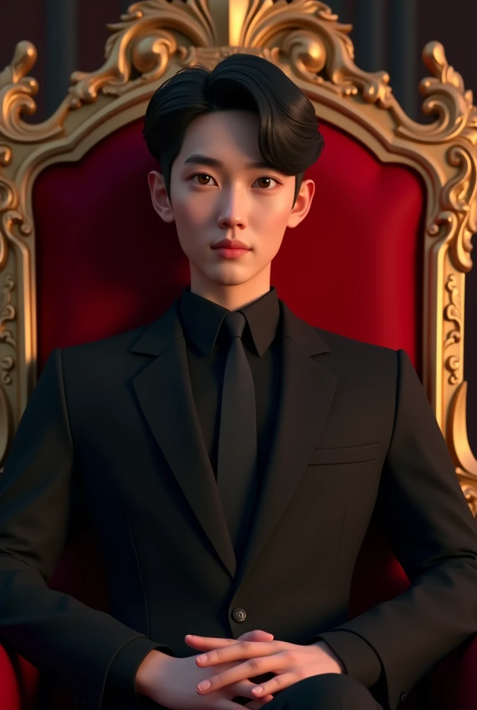 Beautiful korean 20 yearsold man sitting in the red royal chair with black suit animated 3d portrait