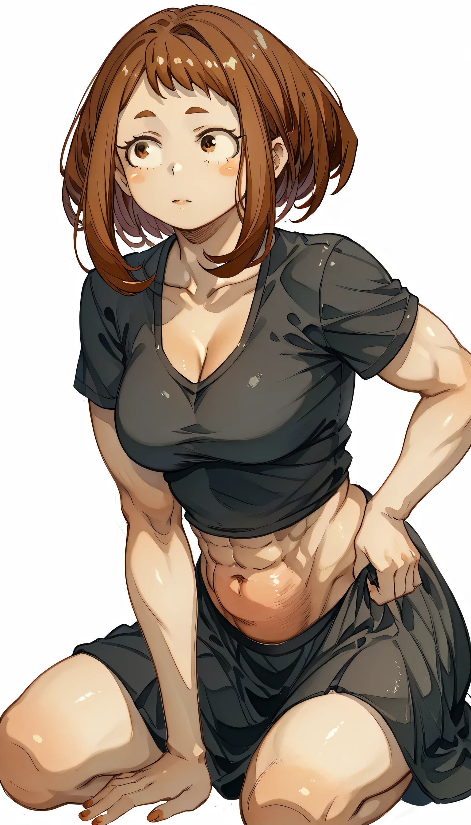 Abdominal musclesurdres,, (Mature Woman 1 Name:1.2), (Abdominal muscles:1.23),Huge_chest、(dark_Sunburn:1.3)Unity Dynamism,forward leaning posture、well-developed Abdominal muscles:1.5、(Brown Hair)、Spread your legs、She looks away, Loose-fitting clothing、skirt、Blurred Background、Sagging chest、Leaning forward,((Manga Style:1.23)) , 、(White Background:1.5)、Loungewear、Happy expression、Plump body、Sitting、Crossing your legs、watercolor、(watercolor style:1.8),My Hero Academia、Ochako Uraraka, (Black clothes:1.5)