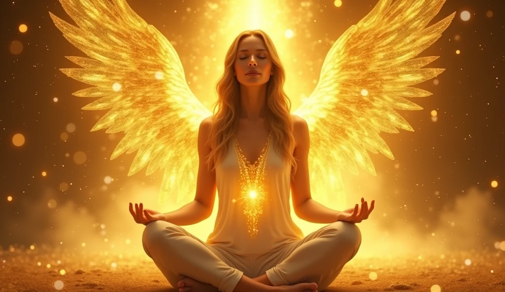 Woman meditating in lotus position channeling golden light with hands next to a protective angel, her spirit guide, golden background, light background, magical environment, glitter filled environment
