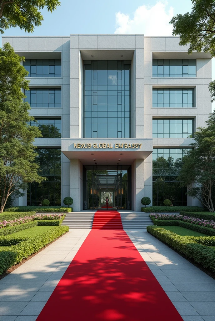An image of a Corporate embassy  put the words Nexus Global Embassy I want it to have the words Nexus Global  Embassy on a concrete.The building has its own compound that is extremely developed with grass, trees and flowers Singaporean architecture expose the words Nexus Embassy with red carpets covering the whole entrance 