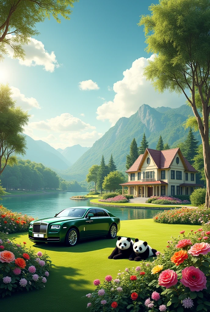 A beutiful house and front of house rolls Royce car green grass mountain near to rever and rever outside 100 flowers and clouds and morning time and beautiful trees and 3 panda