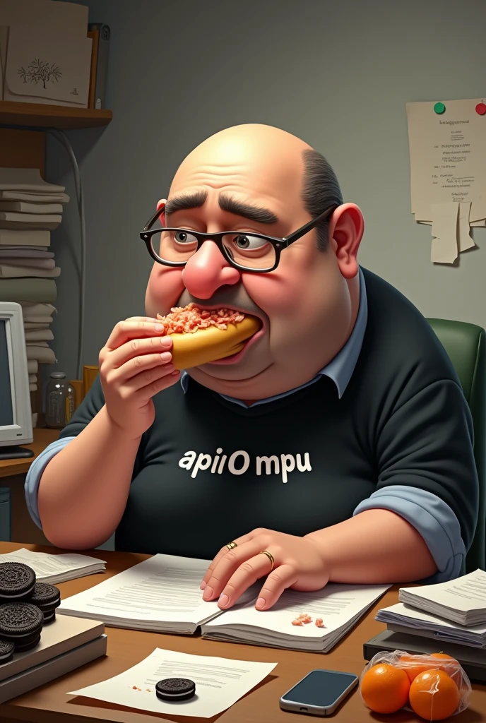 white male, 40 year old, baldie, completely smooth face, no fur, bochechas grandes, Scrawny, but very pot-bellied, wearing light glasses and eating baguette with lots of ham. Sitting behind a somewhat cluttered desk with a computer, stacks of papers, crumbs and lots of Oreo cookies. Wearing a black shirt with the following phrase: APOI0 MPU a bag with tangerines on the table.