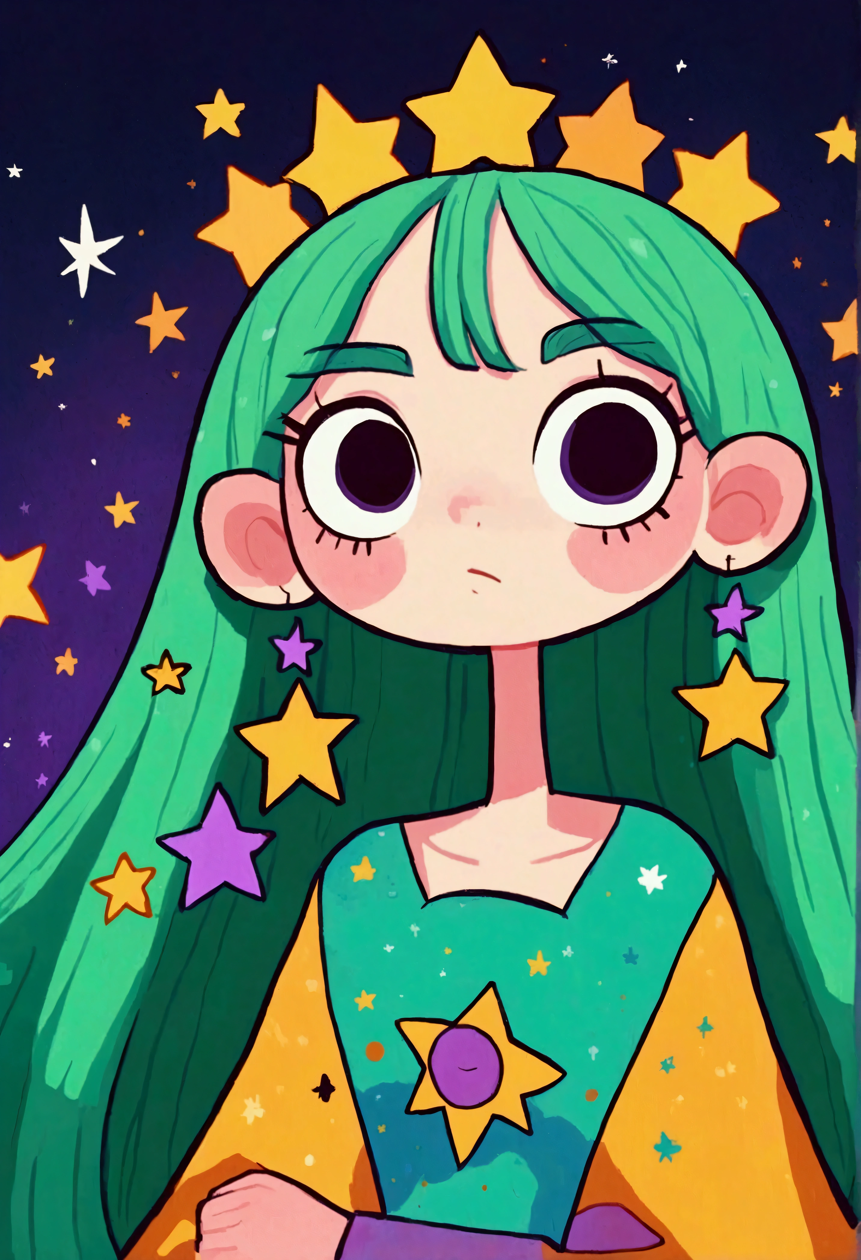 Cartoon girl with green hair and a crown holding stars in her hands, Portraits inspired by Lois van Baarle, devianart contest winners, Process art, rich and colorful! role conception, Lovely art style, rich and colorfull illustration, Hand drawn cartoon art style, candypunk role conception, rich and colorful illustration, 2D Illustration, 2D Illustration, decora inspired illustration, Madeline from Celeste