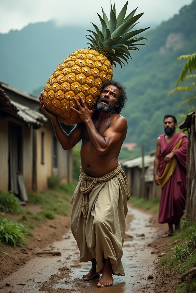  Create a dramatic scene of real Jesus Christ face struggling to carry a giant pineapple up a muddy, rural road in a mountainous village. The sky is overcast, reflecting his effort and suffering. Jesus is visibly sweating and tears are streaming down his face. Villagers are watching him with expressions of awe and concern. The road is rough and the village is rustic, with simple, traditional houses in the background."

