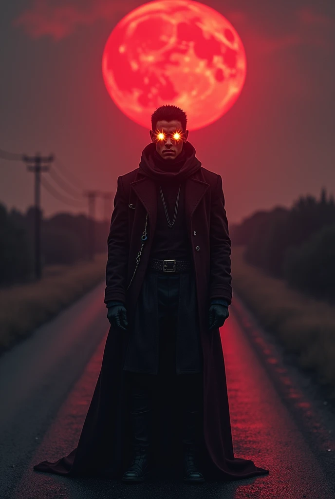 Exu velvet, a man with eyes glowing with fire on a road at dawn with the light of the red moon reads illuminating