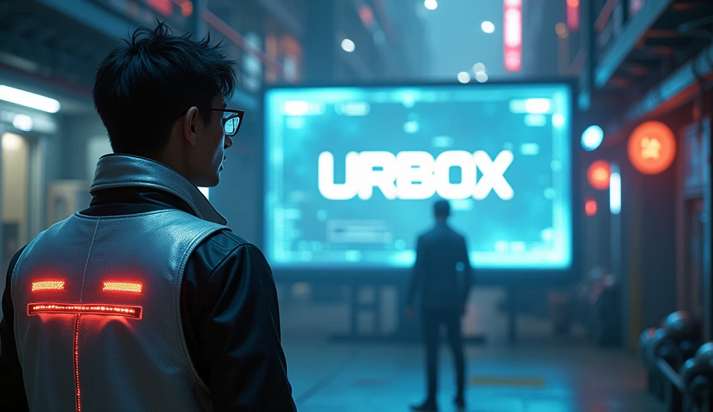 Asian male character stands in front of a large screen displaying a square logo with the words "UrBox", waiting for a sign of connection. Outfit: Silver tech vest, flashing LED lights around, wearing glasses. Setting: Narrow space, street filled with robots and wires. Lighting: Cold blue and purple light covers the space. Effects: Large screen glows with a slight glitch effect. Special: Feeling of tension, waiting for change.