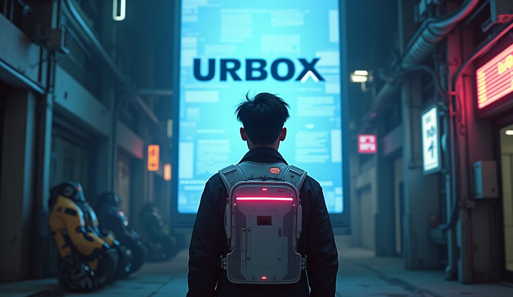 Asian male character stands in front of a large screen displaying a square logo with the words "UrBox", waiting for a sign of connection. Outfit: Silver tech vest, flashing LED lights around, wearing glasses. Setting: Narrow space, street filled with robots and wires. Lighting: Cold blue and purple light covers the space. Effects: Large screen glows with a slight glitch effect. Special: Feeling of tension, waiting for change.