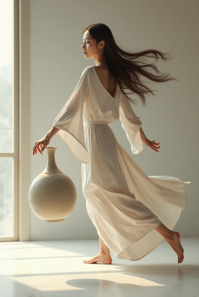 A women dropping down a vase 