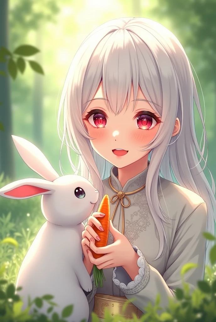 A white-haired woman with ruby red eyes,While feeding the rabbit with carrots, make a happy expression with a wide smile carved on his face. . anime art