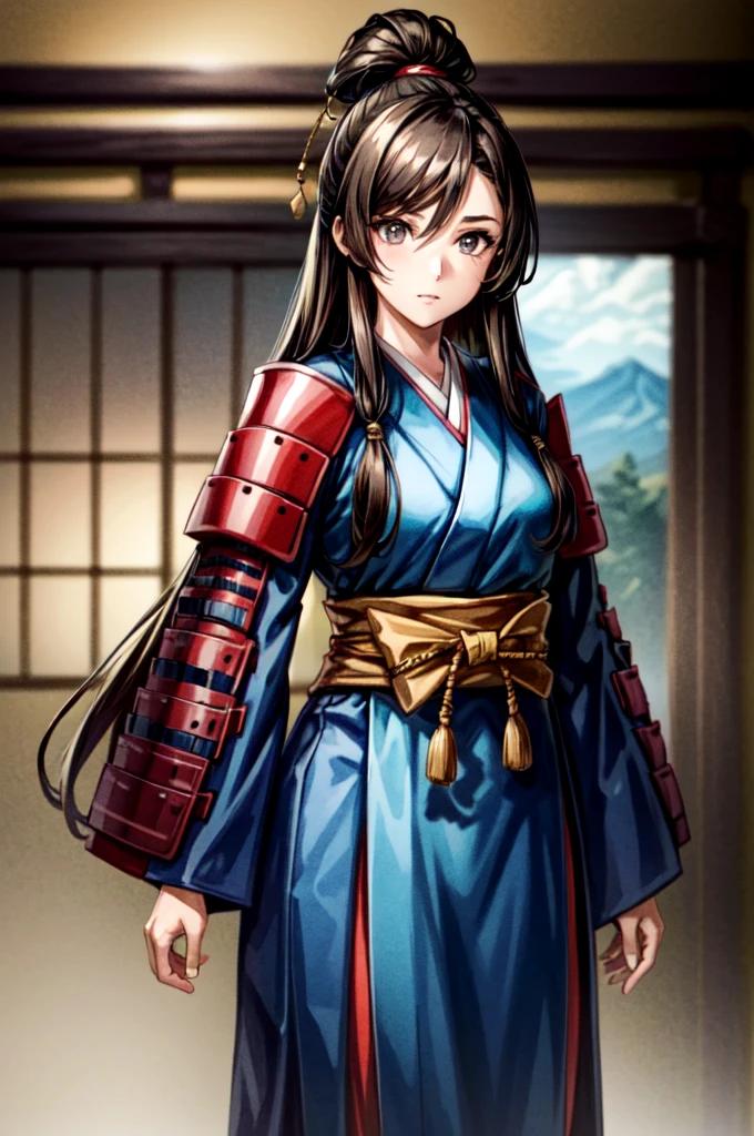wearing armor One adult female, wearing light armor, wearing black kimono, Long Hair, brown hair, black Eyes, dilated pupils, Light makeup, tite waist, full body, hair over eye, intence anger, prepare a sharpsword, Inside an old Japanese castle in the background, anime, cinematic lighting, cowboy shot, UHD, retina, masterpiece, accurate, anatomically correct, textured skin, super detail, high details, high quality, award winning, best quality, highres, 8k