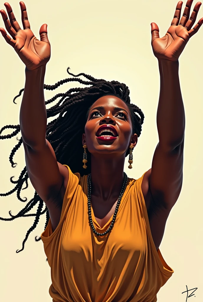 a drawing of an African woman with her hands up
