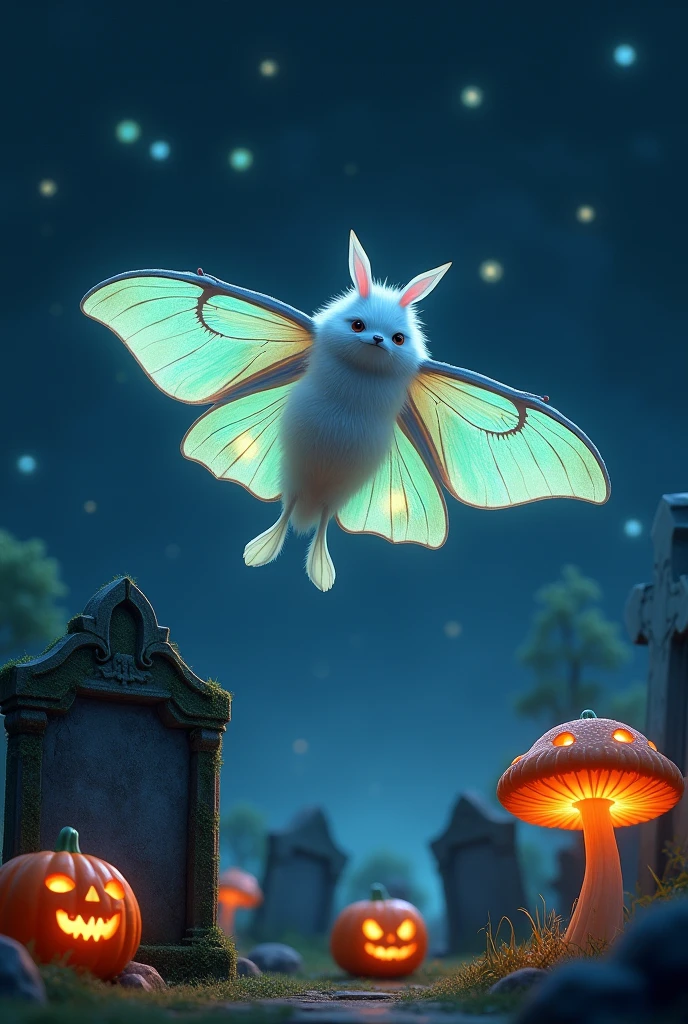 A cute spannisch luna moth with white fluffy boddy flies into the starlit night sky. Below are gravestones, glowing mushrooms and Halloween pumpkins 