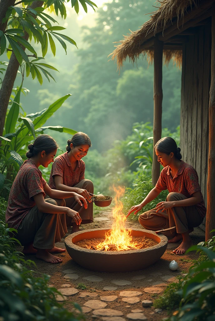 Asian malay women boiling water kratom powder green village, hard work