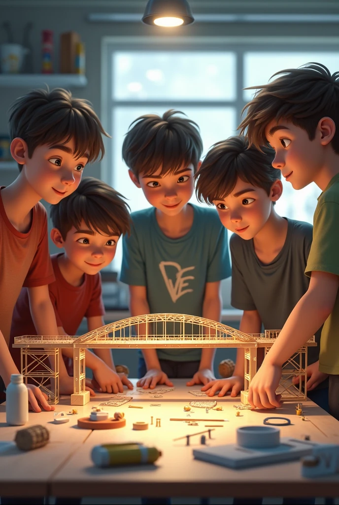 5 teenage boys making a model of a bridge