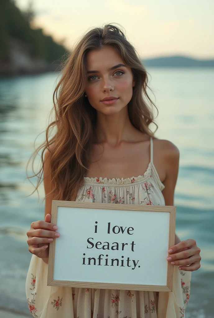 Beautiful girl with wavy long hair, bohemian dress, holding a white board with text "I Love Seaart Infinity" and showing it to the viewer