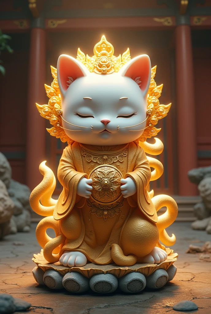 A cute and charming golden Thousand-Armed Kannon kitten statue、An atmospheric temple、Cinematic lighting、Cute white kitten、Big head