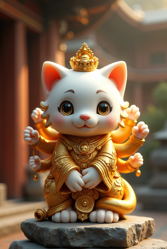 A cute and charming golden Thousand-Armed Kannon kitten statue、An atmospheric temple、Cinematic lighting、Cute white kitten、Big head