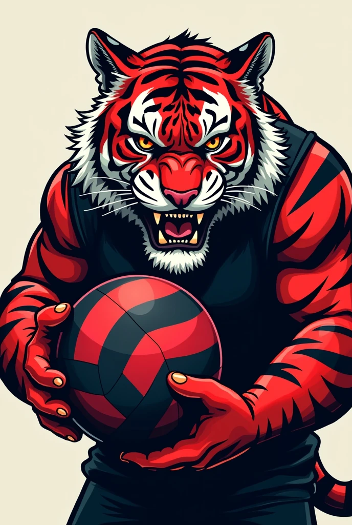 Based on the angry tiger . Create a handball team photo, with the name "little tigers", where the tiger will represent the little tiger. The animal must have a handball in its hand and it must be black and red. MAKE IT MORE COMPETITIVE