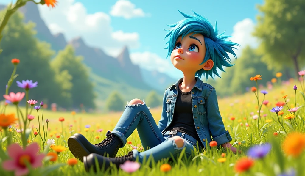 Lila, 16, Female, Punk style hair (spiky, blue-streaked), Blue eyes, Caucasian,
Blue denim jacket, Black band tee, Ripped blue jeans, Black combat boots,
Sunny meadow with wildflowers,
Sitting, looking up, relaxed, Pixar 3D style.