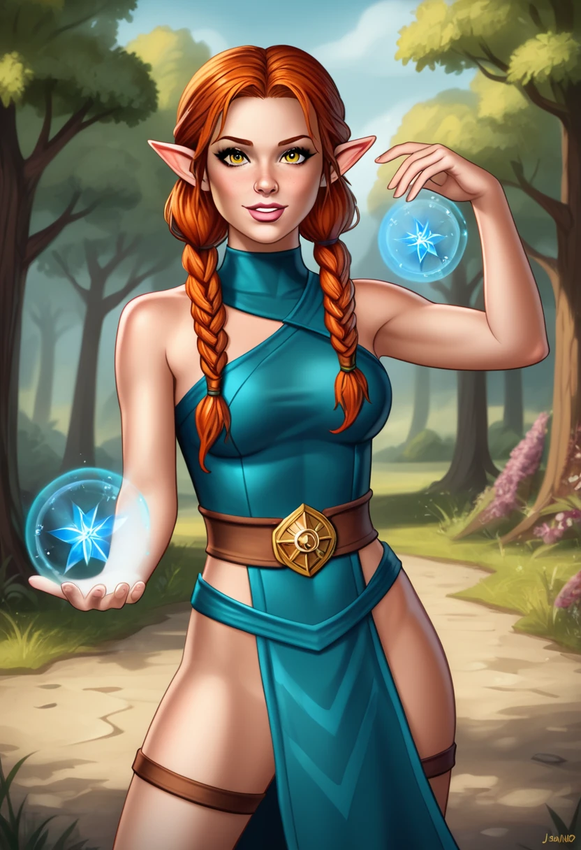 Fullbody female redhead . Rogue. Naive, pointy ears, pigtail, blue tavard, dynamic pose, posh pose, jolly, cinematic light, outside, and beautiful face with amber eyes , danger , mistery, magic. Expressive face. D&d. In a wizards citadel ((in epic fantasy style))
