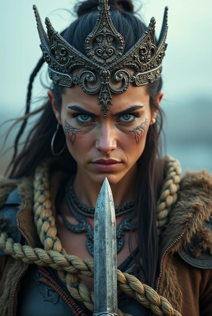 Nordic warrior close-up, beautiful knife in hand, Woman, blue eye, large crown on head , stick ropes around your neck, tribal tattoo on face, shouting out loud