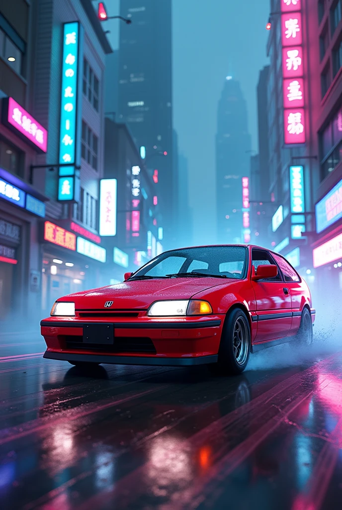 1992 hatchback honda civic eg red car  in cyberpunk city with blue and pink neon lights and fog