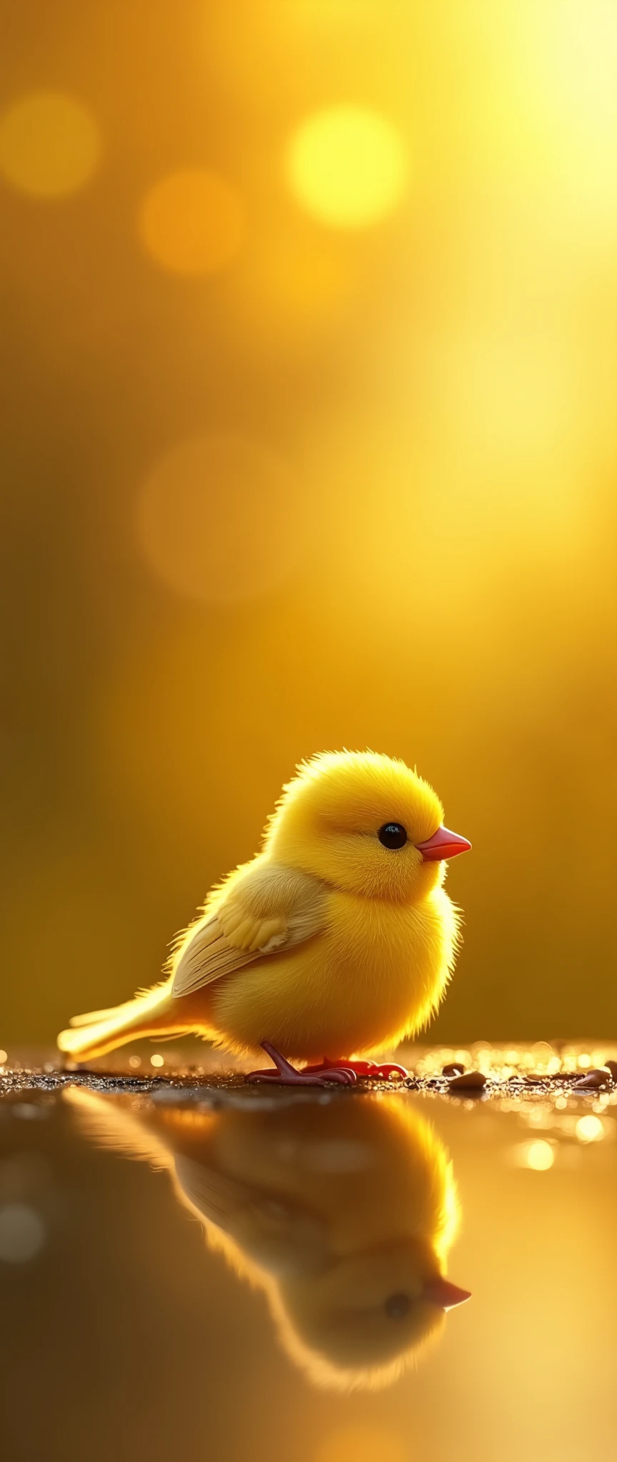 (masterpiece:1.2,Exceptional Quality,mirror-like,Cinematic Experience,Photorealistic,RAW Photos,Super detailed),8k,wallpaper,Yellow Bird,(Very small:2.0),Round body,cute,(Reflected light from the sun:2.0),(The theme is hope)