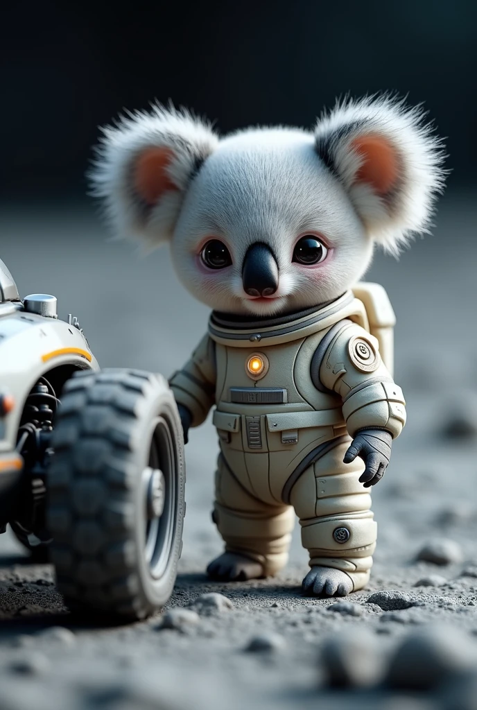 kola bare with space suit next to space rover on moon